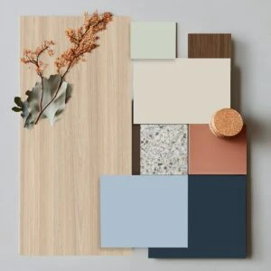 Mood board showing new Mountain Sky Closets finishes Dune and Dusk.