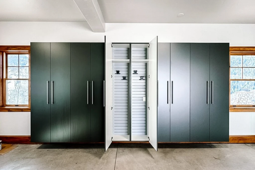Lockable Slatwall Ski Storage in Slate Garage Cabinets