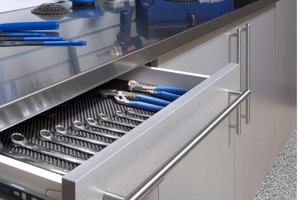 Stainless Workbench Tool Drawer & Gray Slatwall