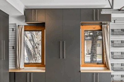 Slate Garage Cabinets, Butcher Block, Slatwall & Accessories, Epoxy Floor in Domino