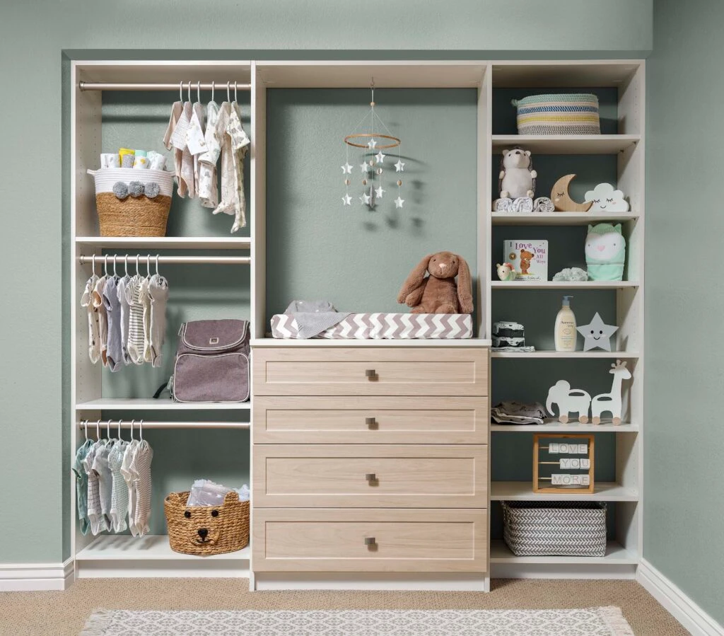 White and Fawn One-Piece Shaker Nusery Closet