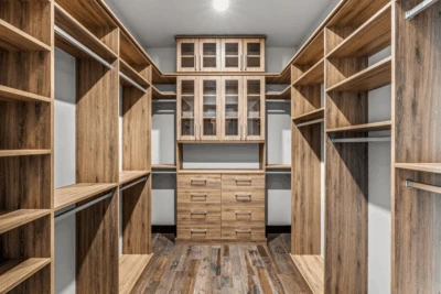 Luxury Walk-In Closet In Drift with Glass Doors