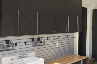 Garage Cabinets in Slate, Butcher Block Countertop, Gray Slatwall, Epoxy Floor